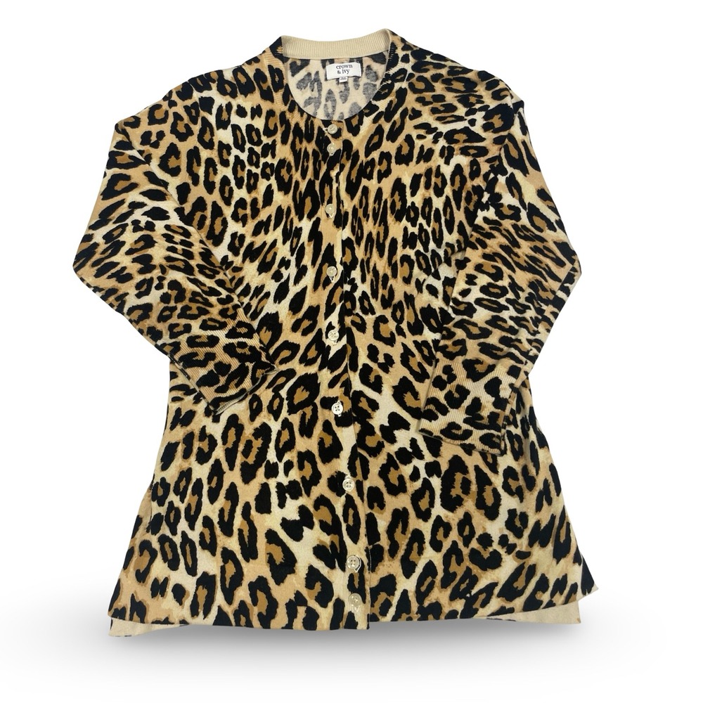 Crown & Ivy Leopard Print Button up Cardigan‎ Women XS Tan Black casual office